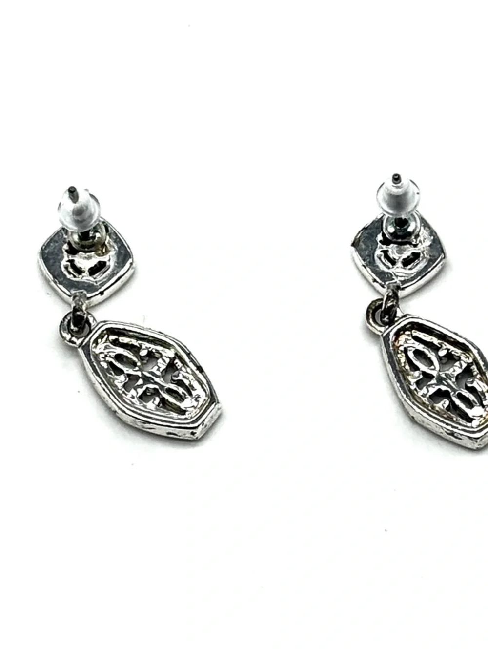 Silver Tone Art Deco Dangle Earrings Geometric Hexagon Vintage Drop Earrings